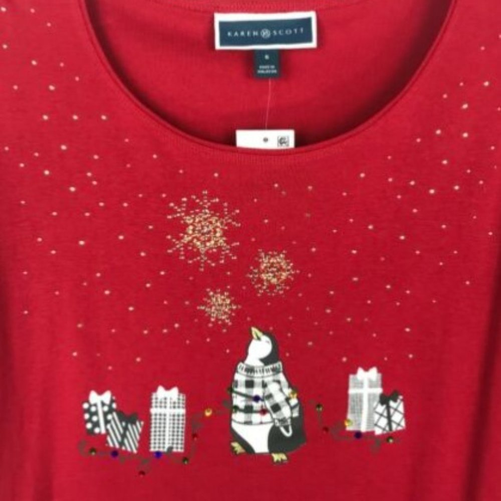 NWT Karen Scott Embellished Christmas Top - Picture 2 of 3